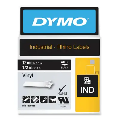 Express Delivery DYMO 1805435 Rhino Black Vinyl Tape, 12mm, white Text
