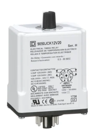 Square D 9050JCK12V20 120 VAC 110 VDC Coil 10 Amp DPDT Plug-In Socket Mount AC/DC Timing Relay Best Seller