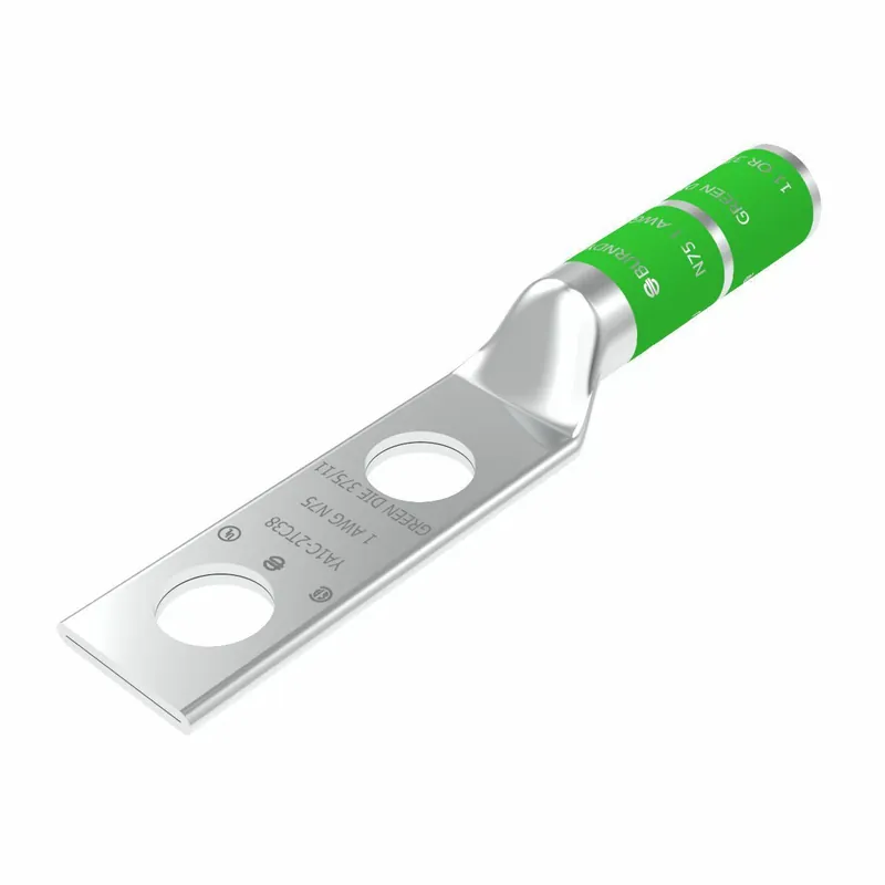 Buy Today BURNDY YA1C2N 1 AWG CU, Two Hole, 1/2 Stud Size, 1-3/4 Hole Spacing, Long Barrel Internal Chamfer, Tin Plated, UL/CSA, 90C, Up to 35kV, Green Color Code, 11 or 375 Die Index