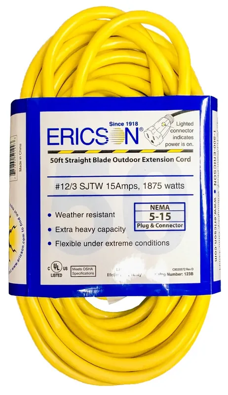 New Arrival Ericson 123B 1875W 15A 125V YW 50FT EXT CRD