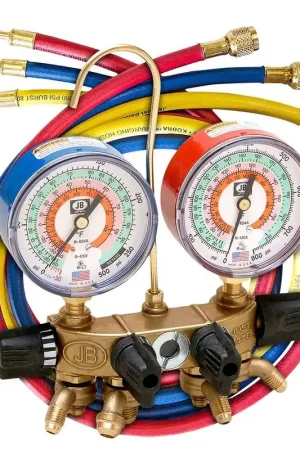Premium JB Industries 26233 Revolver 4-Valve Ball Valve R22/R404A/R410A Refrigerant Manifold with 3-1/8 in. Gauges and CCLE4 60 in. Hose Set